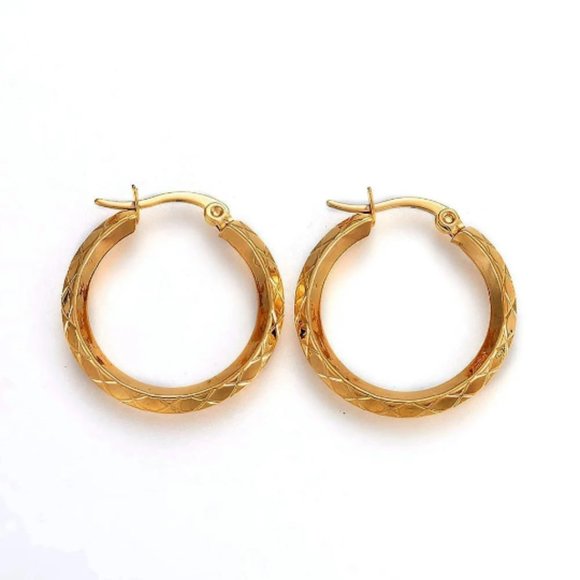 Crossed Ribbed Hoop Pierced Post Earrings Gold Tone Large Round Stainless Steel - Picture 11 of 13